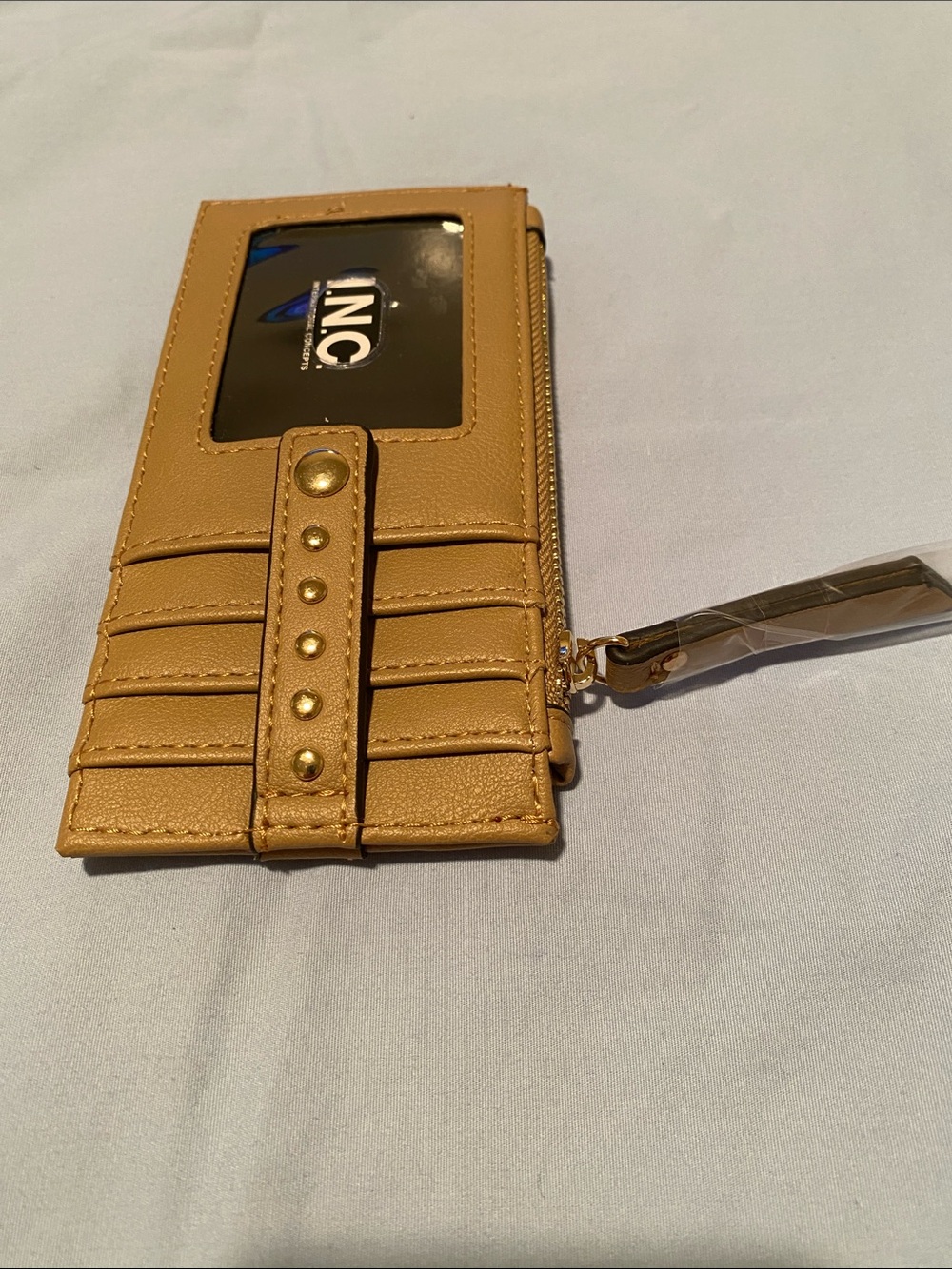 INC International Concepts Mustard-Tan Card Holder with Studded Strap and Zipper